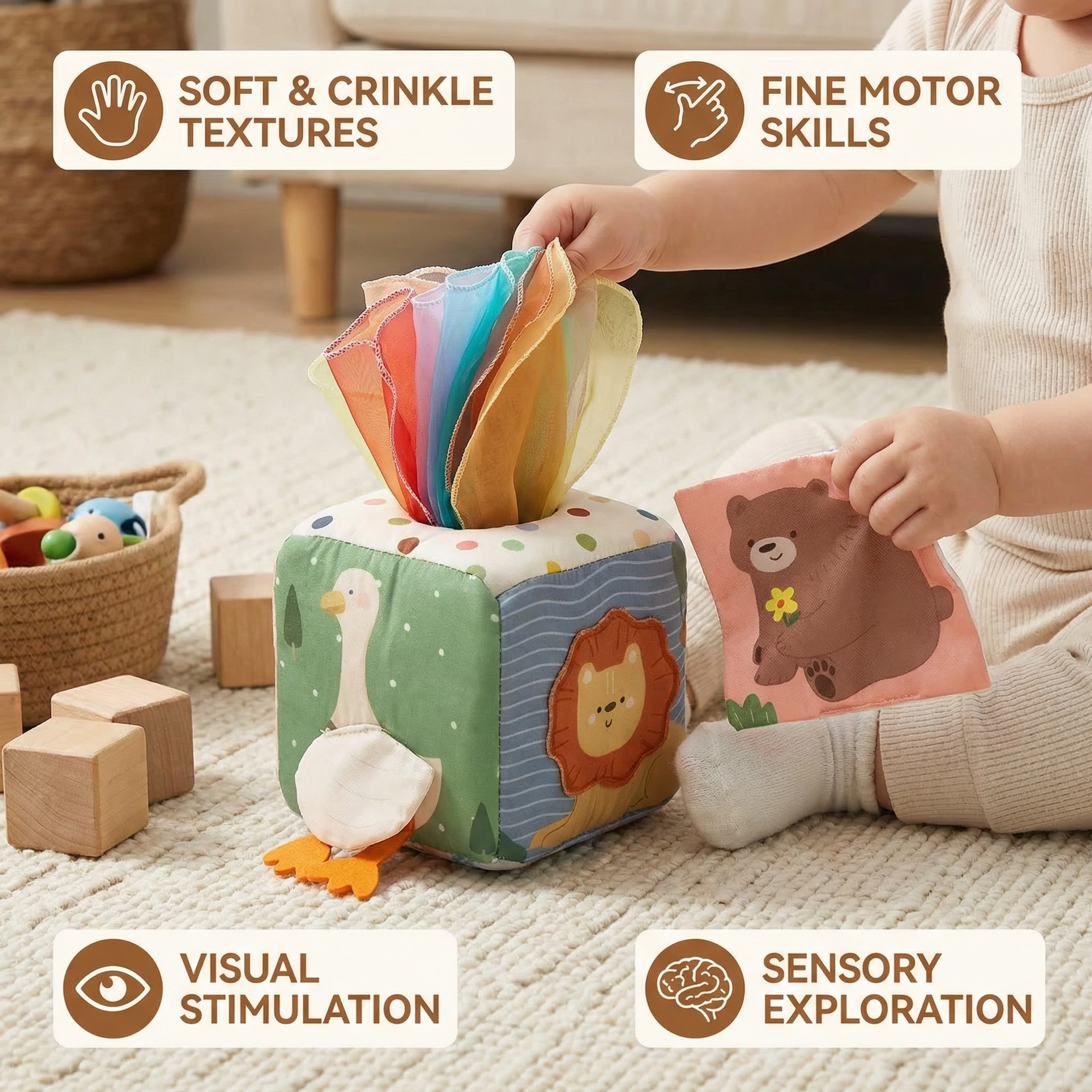 Montessori Baby Sensory Tissue Box with Soft Crinkle Tissues for Touch Play