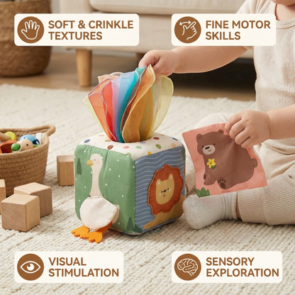 Montessori Baby Sensory Tissue Box – Soft Crinkle & Touch Activity Toy