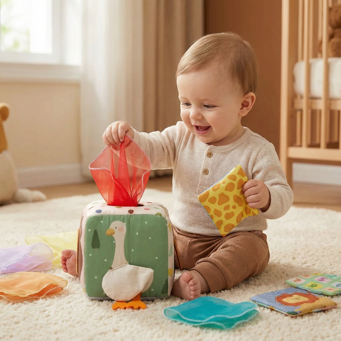 Montessori Baby Sensory Tissue Box – Soft Crinkle & Touch Activity Toy