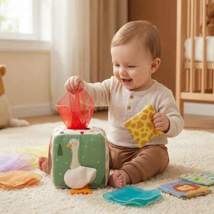 Montessori Baby Sensory Tissue Box – Soft Crinkle & Touch Activity Toy