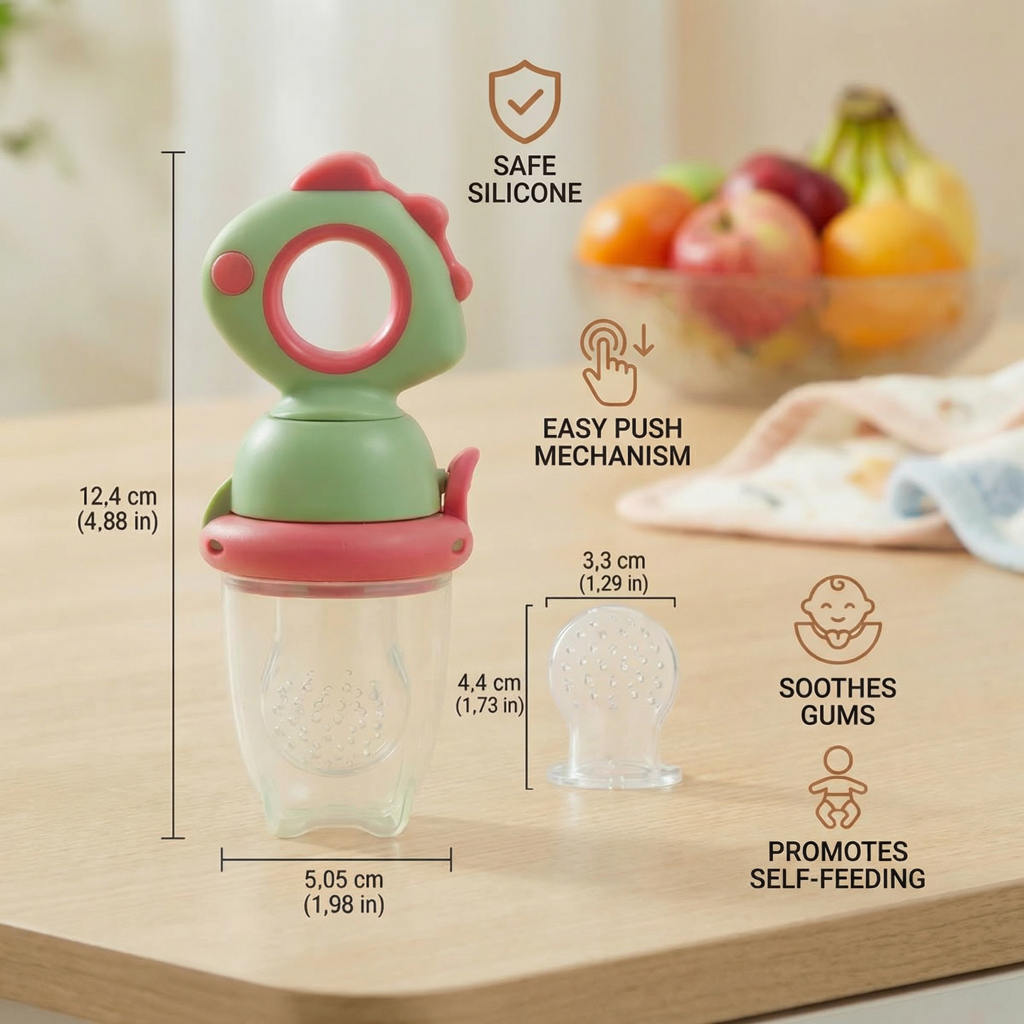 Silicone Baby Fruit Feeder & Teether with Push Mechanism