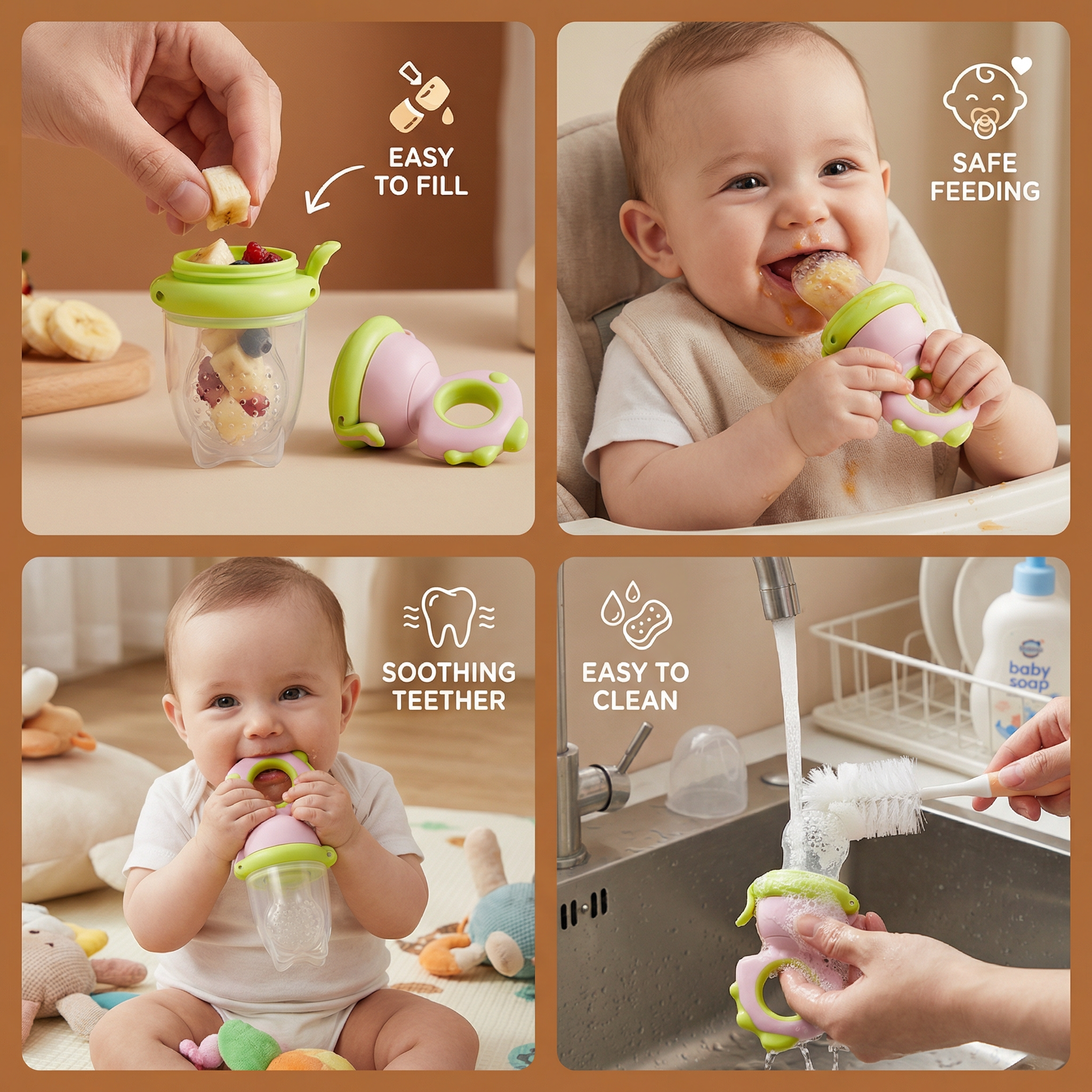Silicone Baby Fruit Feeder Teether with Push Mechanism in Three Colors