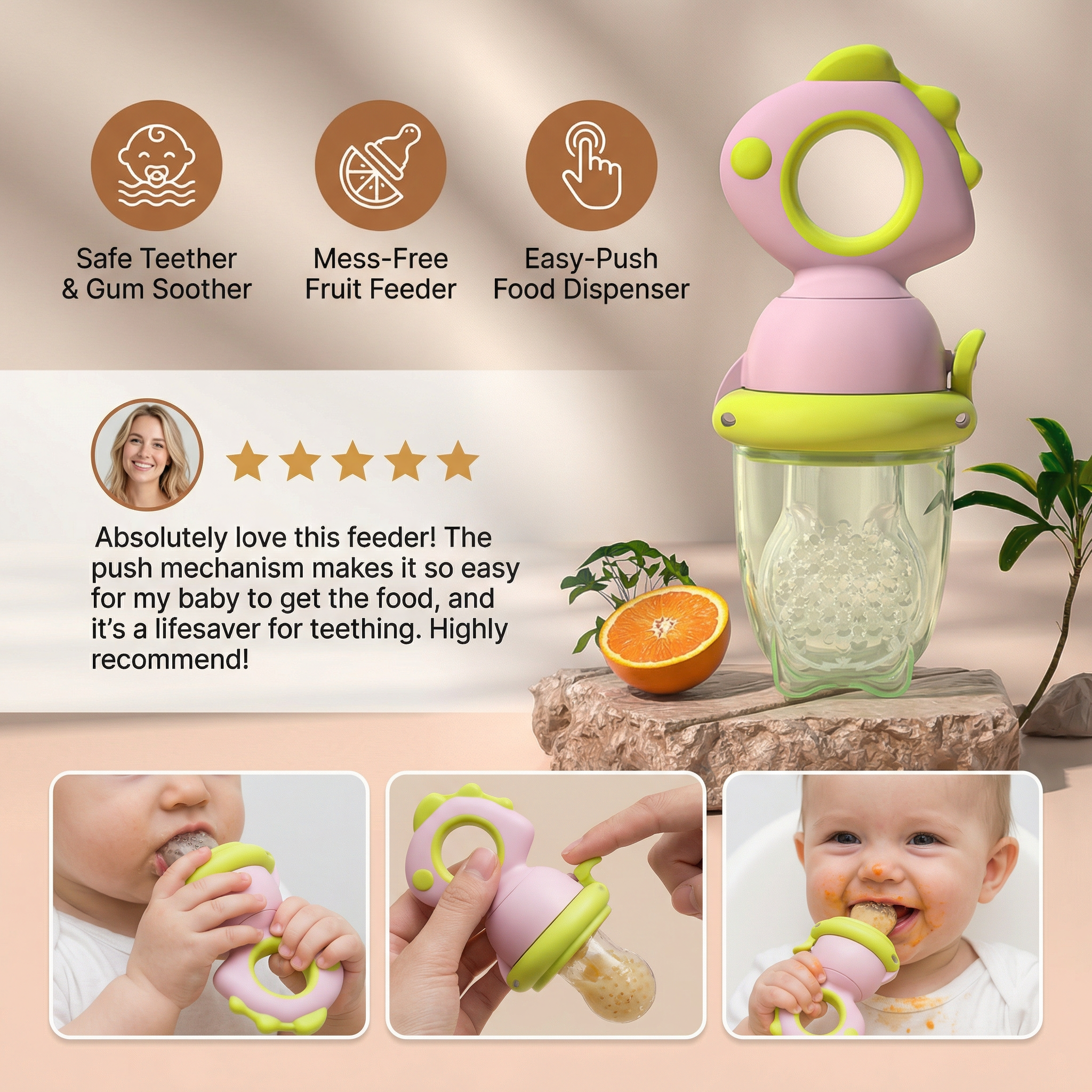 Silicone Baby Fruit Feeder Teether with Push Mechanism in Three Colors