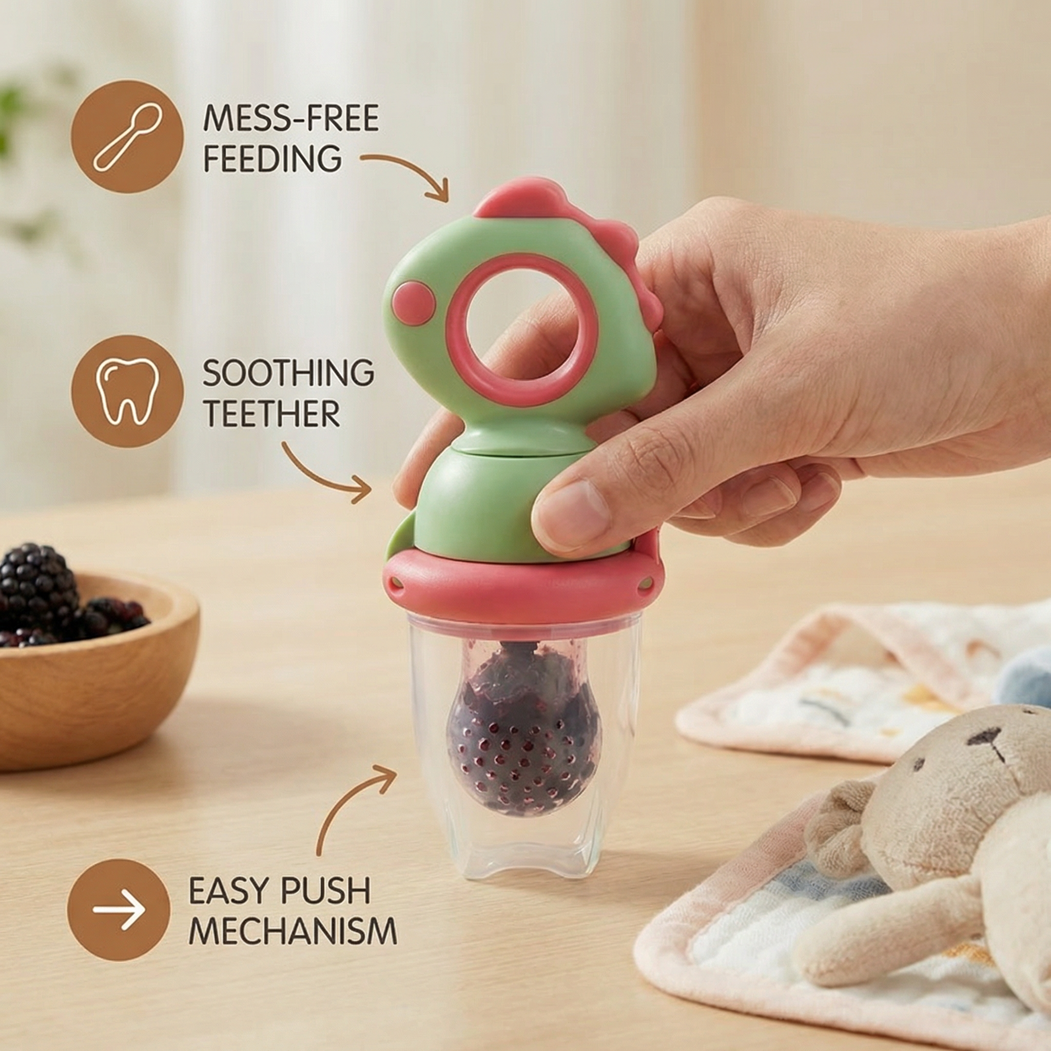 Silicone Baby Fruit Feeder Teether with Push Mechanism in Three Colors