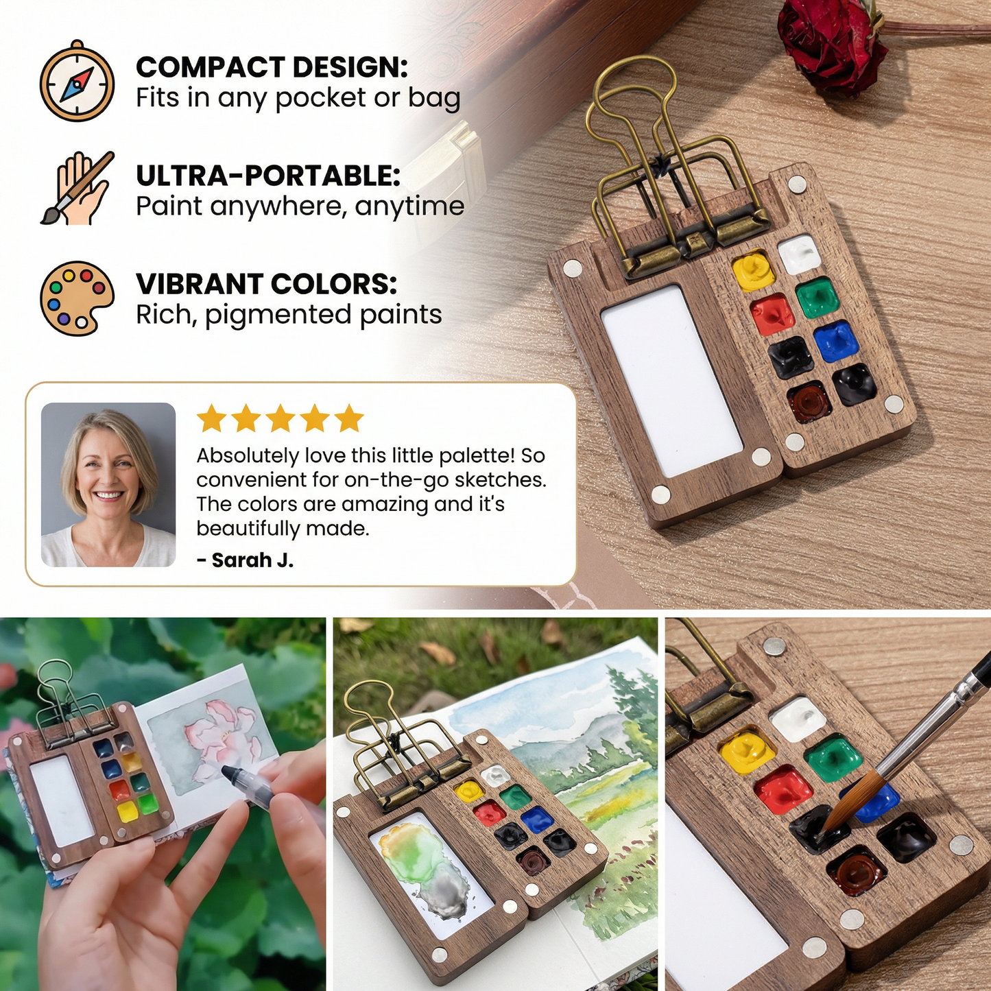 Mini Travel Watercolor Palette – Pocket Artist Paint Set with Compact Wooden Case