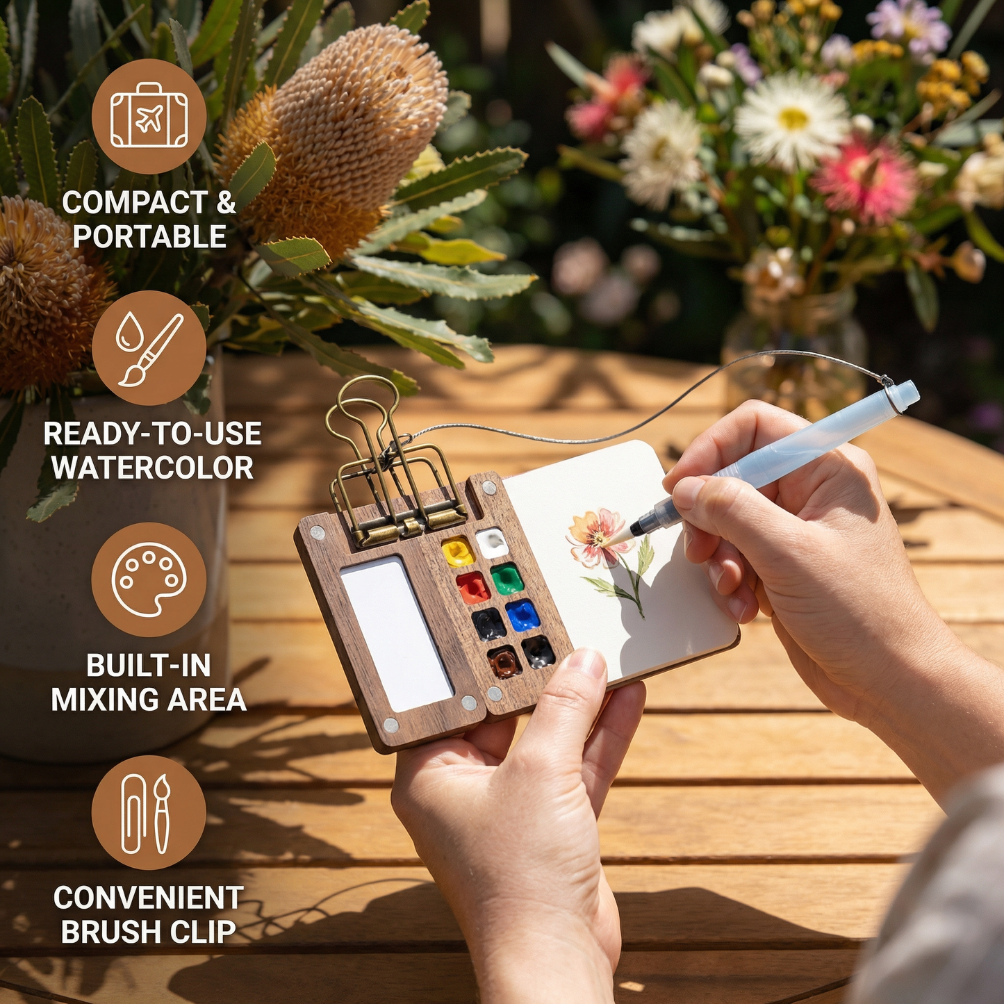 Mini Travel Watercolor Palette – Pocket Artist Paint Set with Compact Wooden Case
