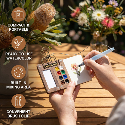 Mini Travel Watercolor Palette – Pocket Artist Paint Set with Compact Wooden Case