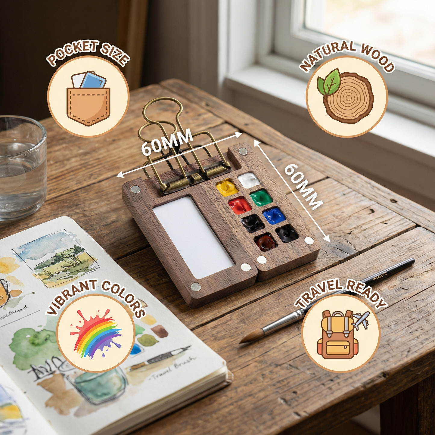 Mini Travel Watercolor Palette – Pocket Artist Paint Set with Compact Wooden Case