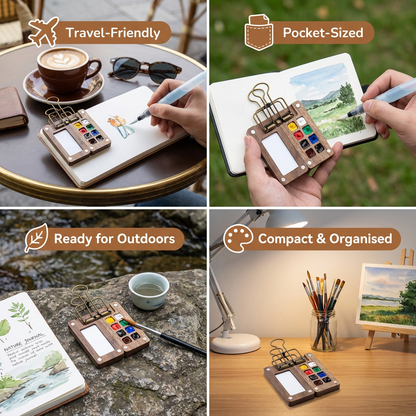 Mini Travel Watercolor Palette – Pocket Artist Paint Set with Compact Wooden Case