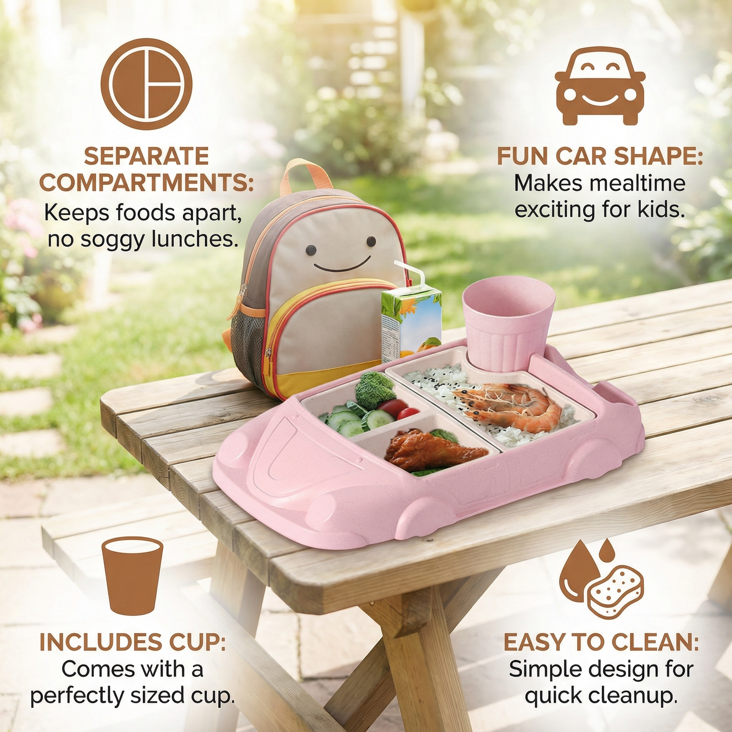 Kids Car-Shaped Bento Lunch Box – Fun Compartment Food Tray with Cup