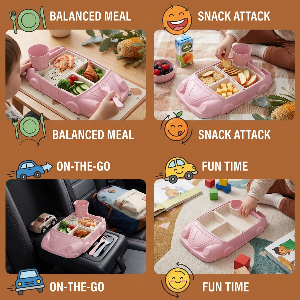 Kids Car-Shaped Bento Lunch Box – Fun Compartment Food Tray with Cup