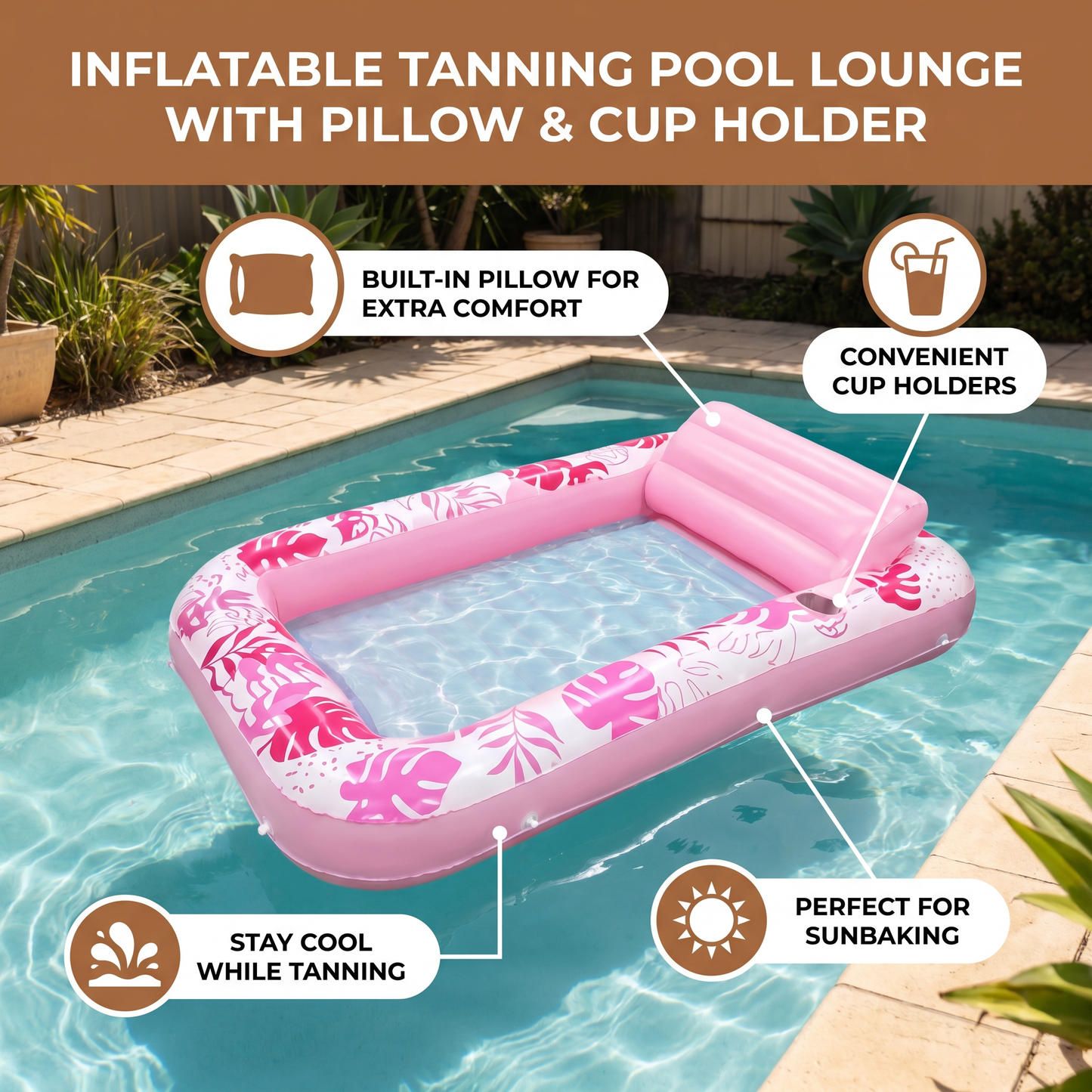 Inflatable Tanning Pool Lounge with Pillow & Cup Holder