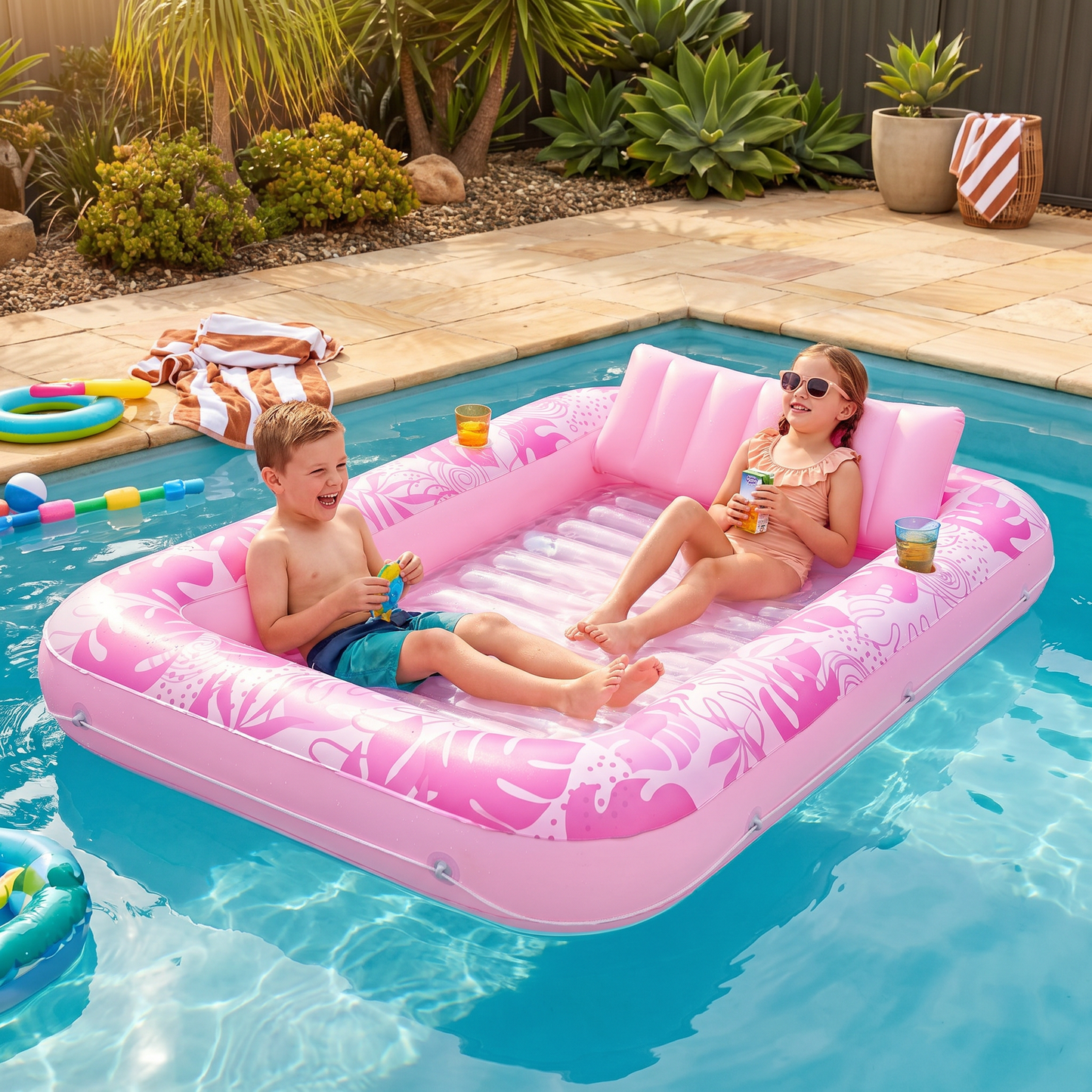 Inflatable Tanning Pool Lounge with Pillow & Cup Holder