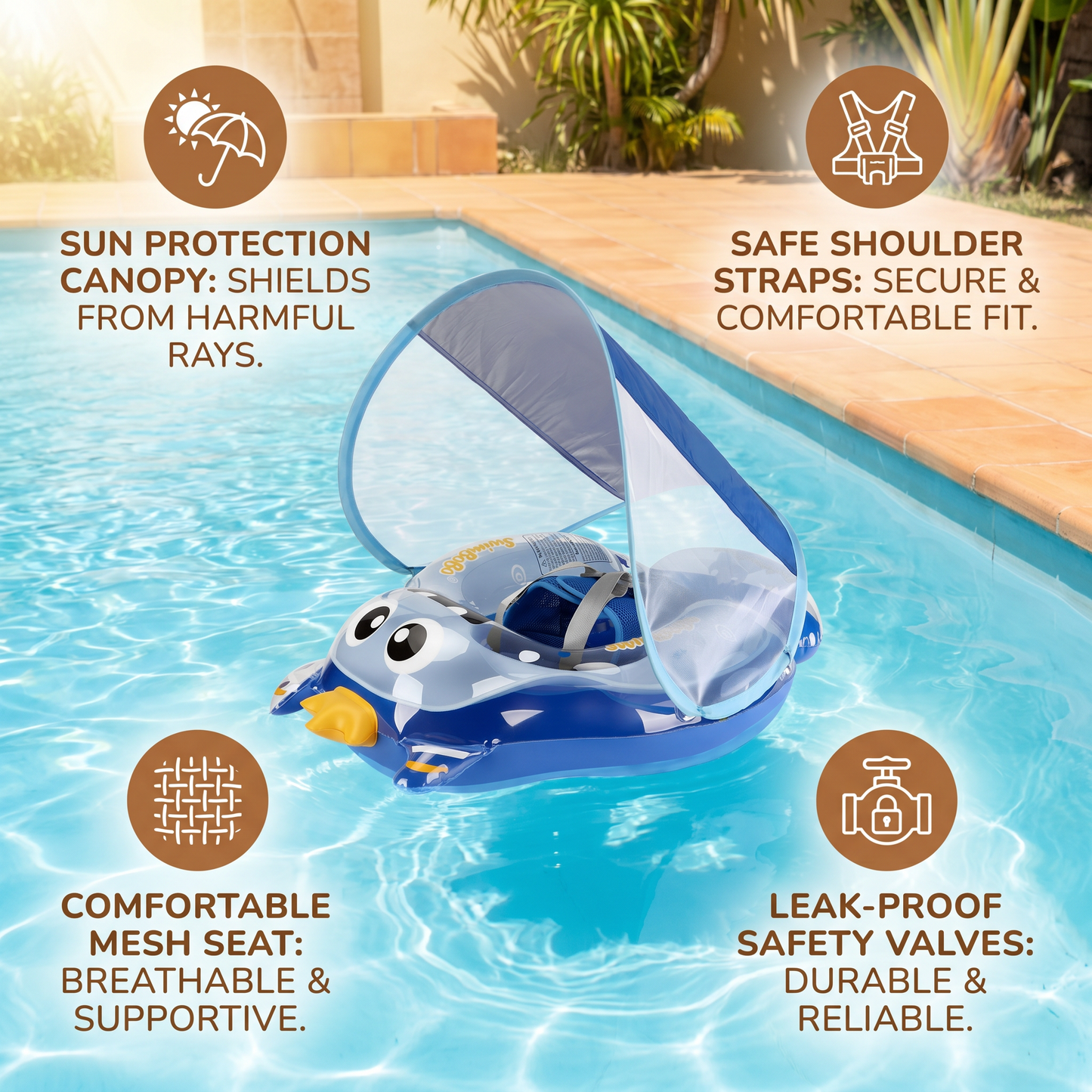 Inflatable Baby Swim Ring with Shoulder Straps & Sun Canopy – Safe Pool Seat for Babies