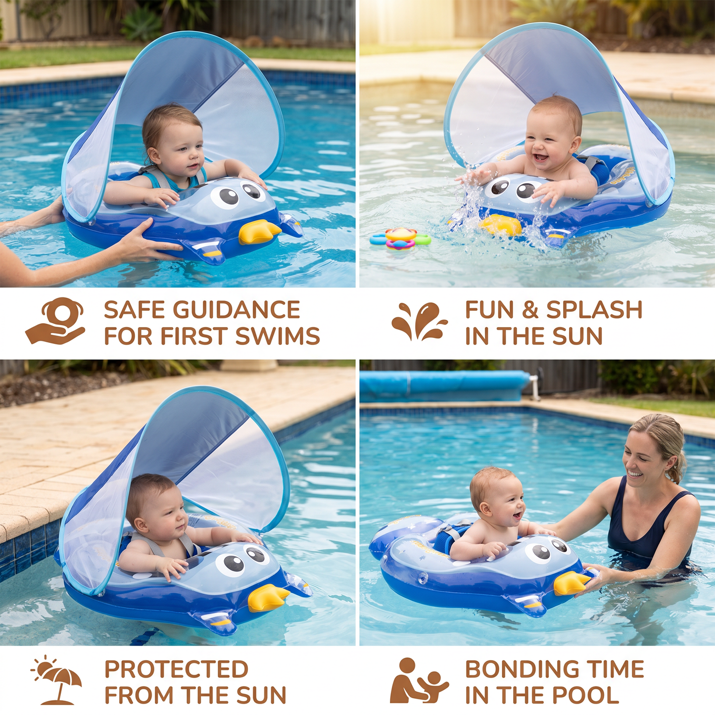 Inflatable Baby Swim Ring with Shoulder Straps & Sun Canopy – Safe Pool Seat for Babies