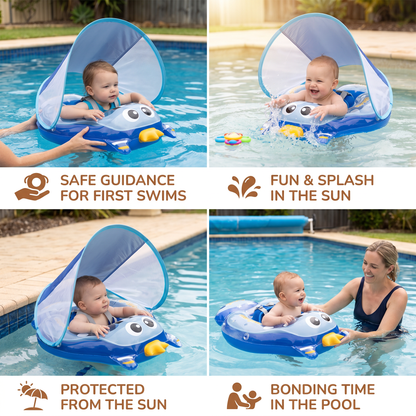 Inflatable Baby Swim Ring with Shoulder Straps & Sun Canopy – Safe Pool Seat for Babies