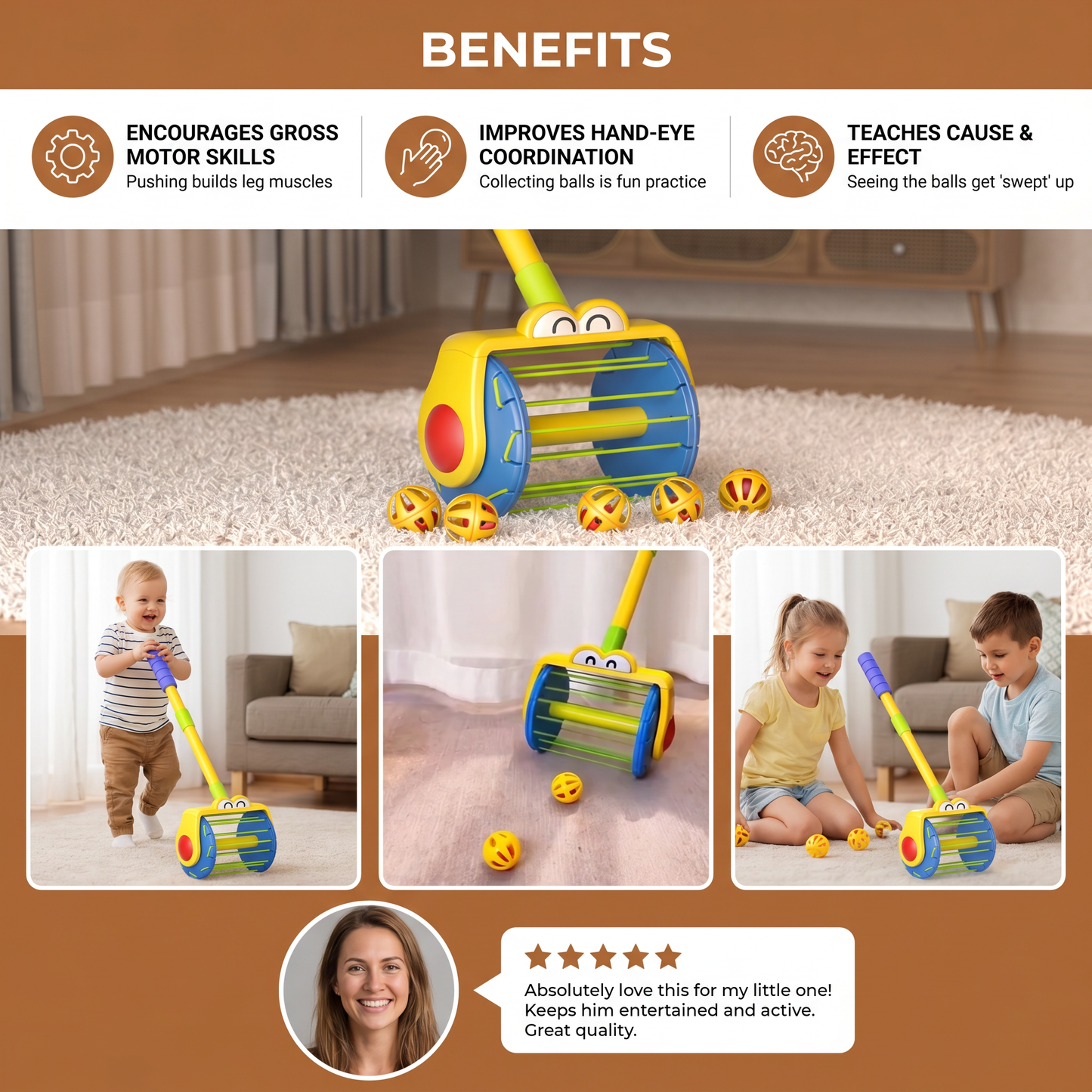 Baby Push Along Vacuum Roller Toy with Balls for Toddlers