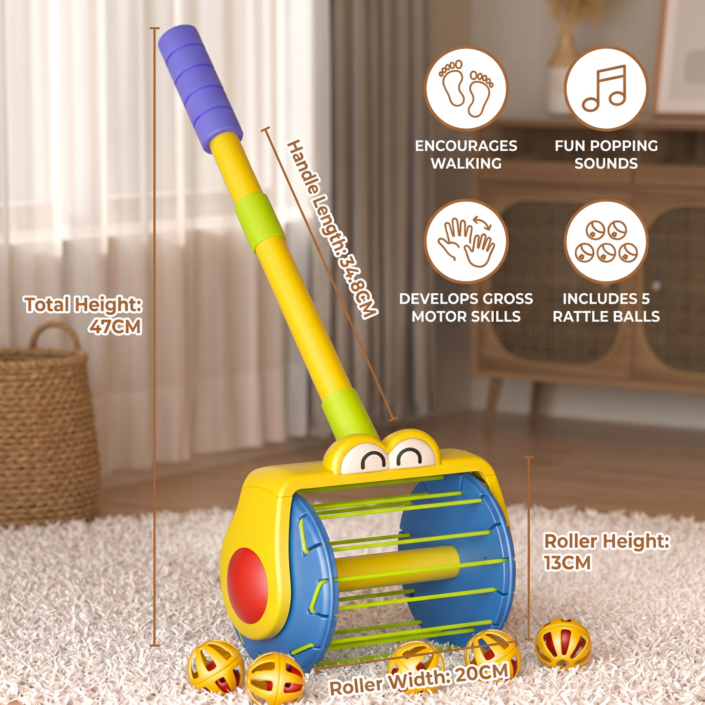Baby Push Along Vacuum Roller Toy with Balls for Toddlers