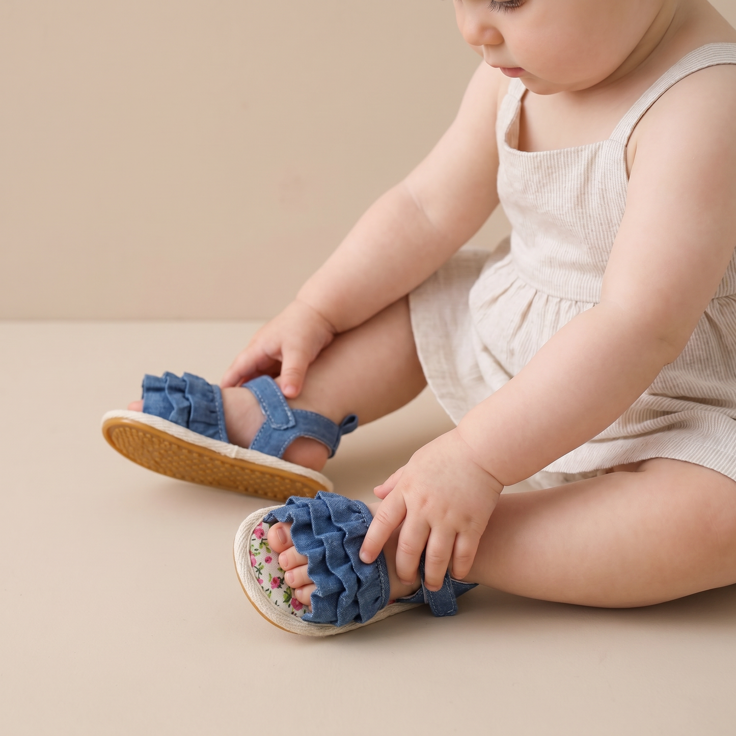 Denim Ruffle Sandals Floral