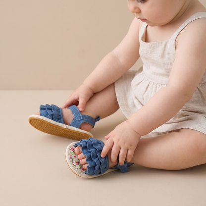 Denim Ruffle Sandals Floral