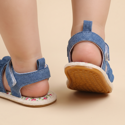 Denim Ruffle Sandals Floral