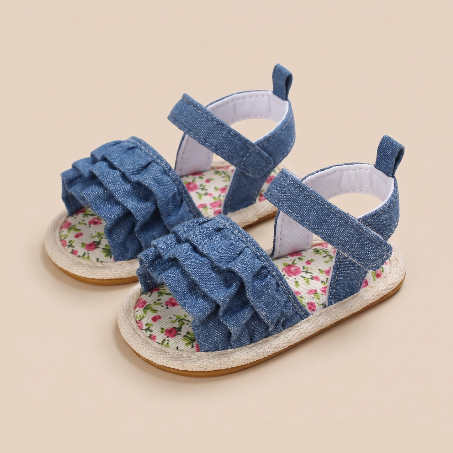 Denim Ruffle Sandals Floral