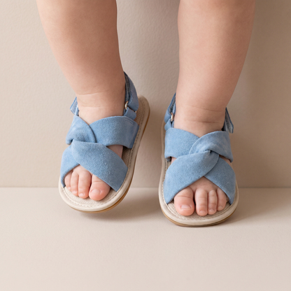 Denim Cross-Strap Bow Sandals