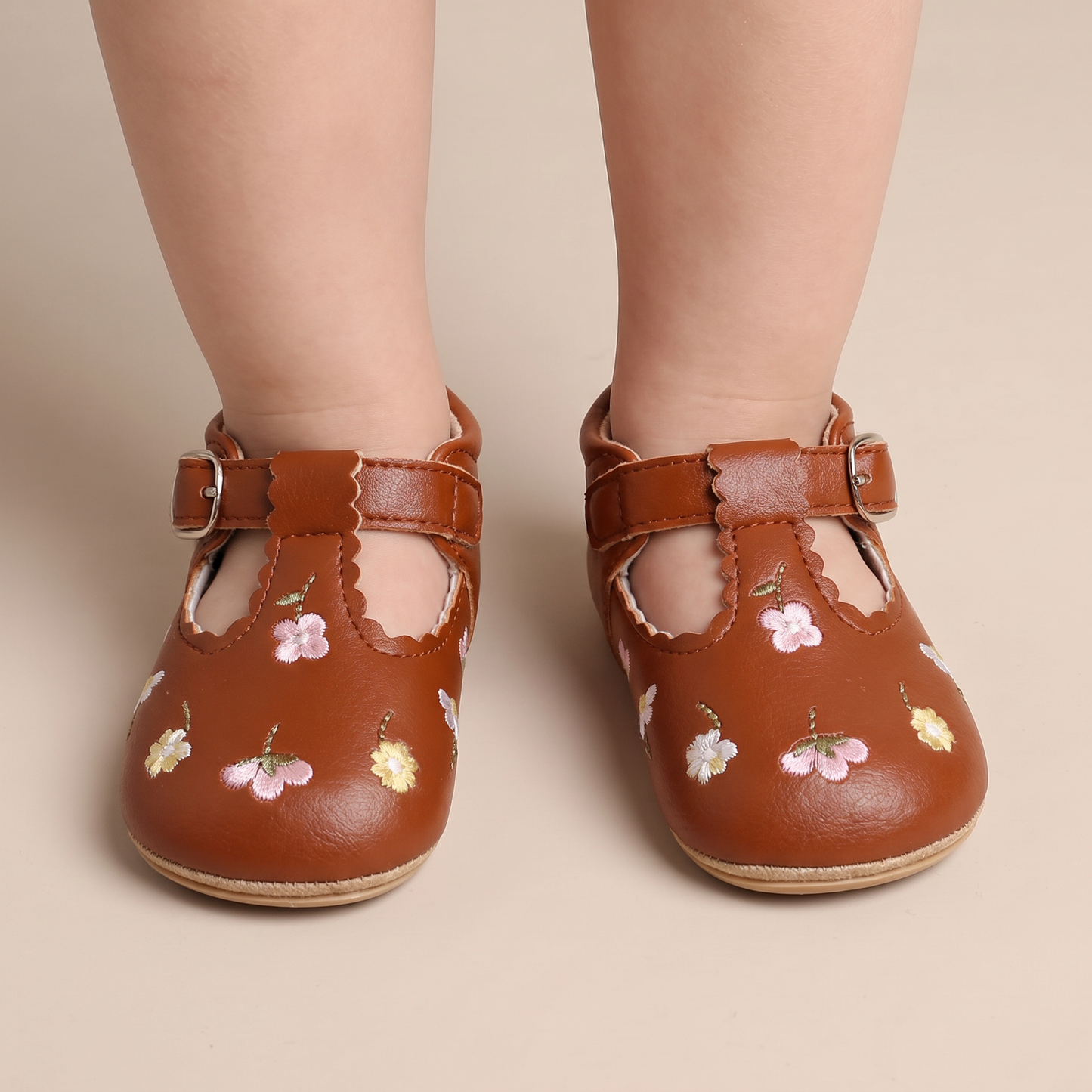 Floral Embroidered T-Strap Shoes