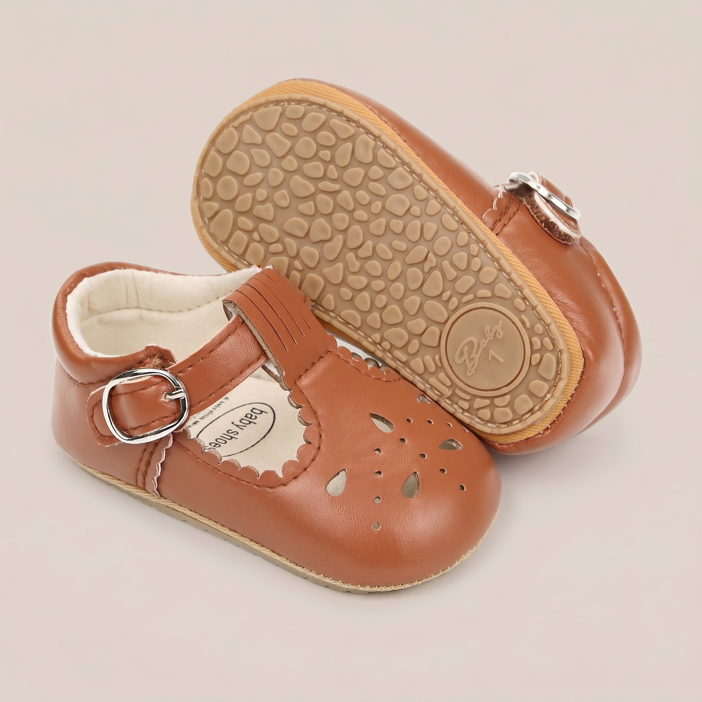 Perforated T-Strap Buckle Shoes