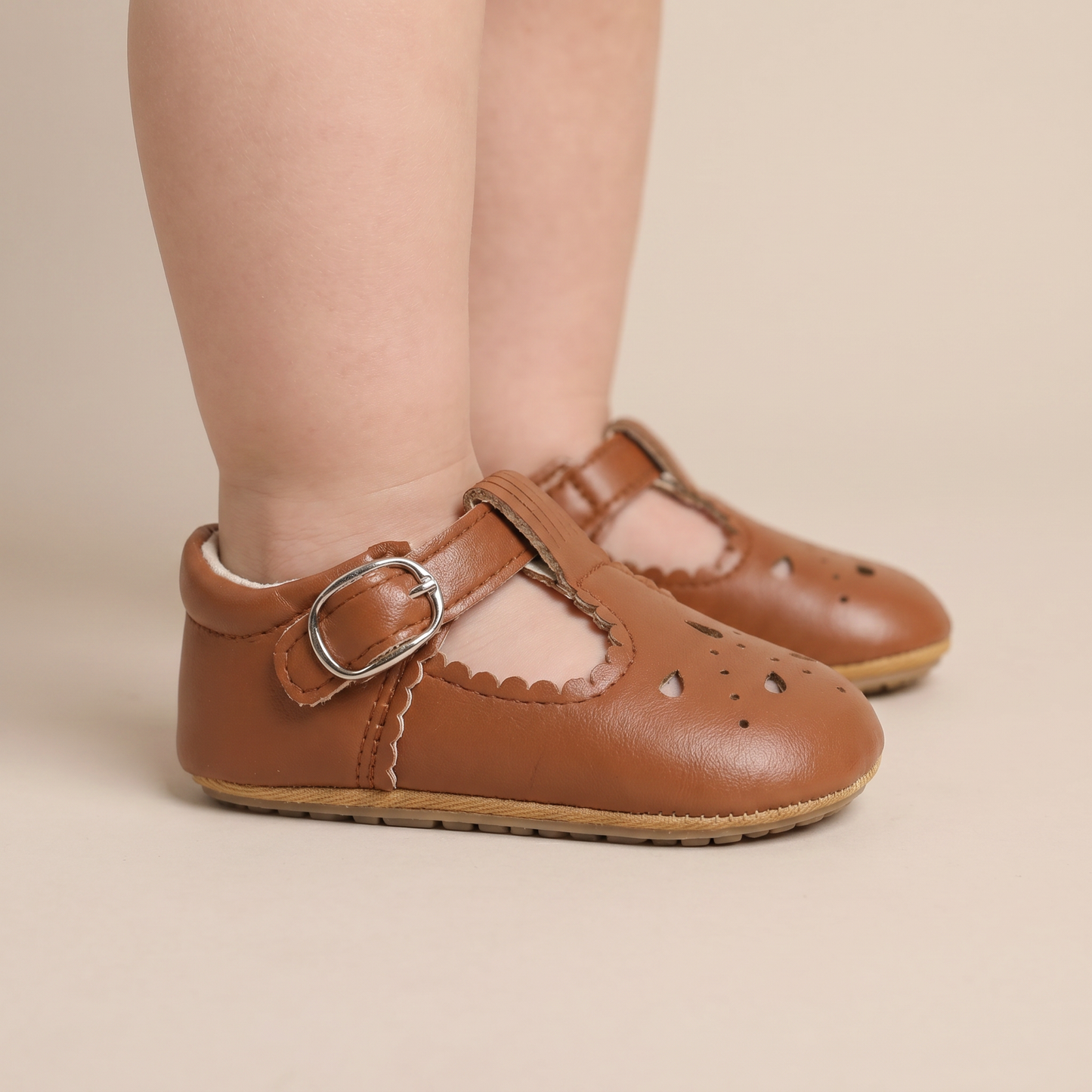Perforated T-Strap Buckle Shoes