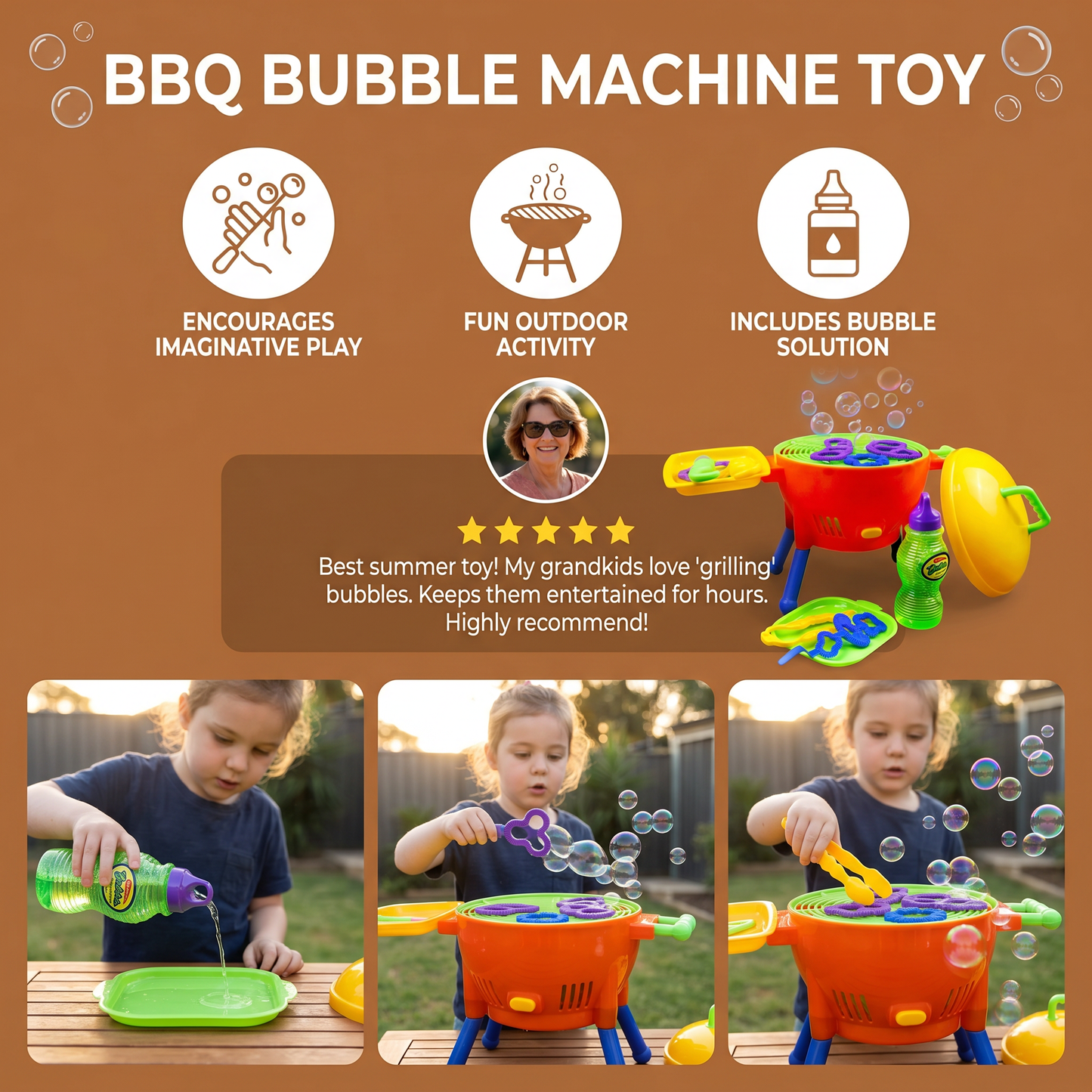 BBQ Bubble Machine Toy with Bubble Solution and Shapes