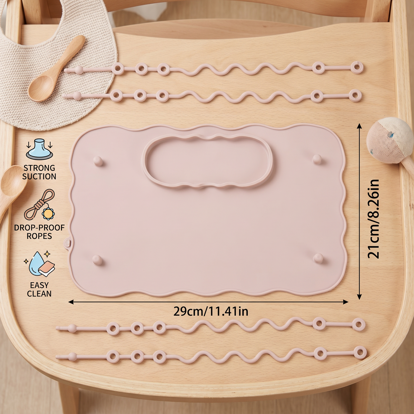 Non-Slip Silicone Baby Placemat with Suction Cup and Anti-Drop Rope