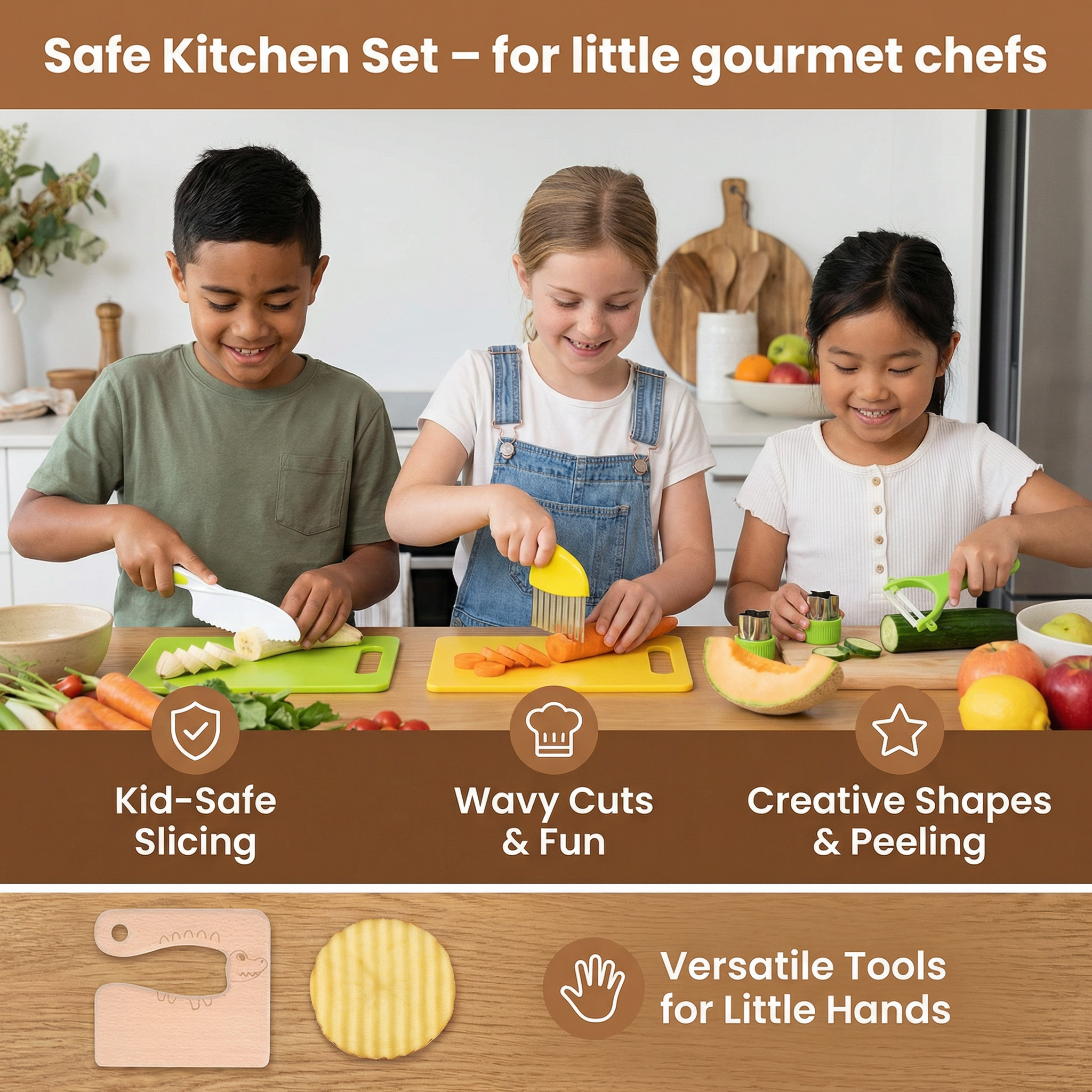 Kids Play Kitchen Tool Set with Child Safe Utensils for Pretend Cooking