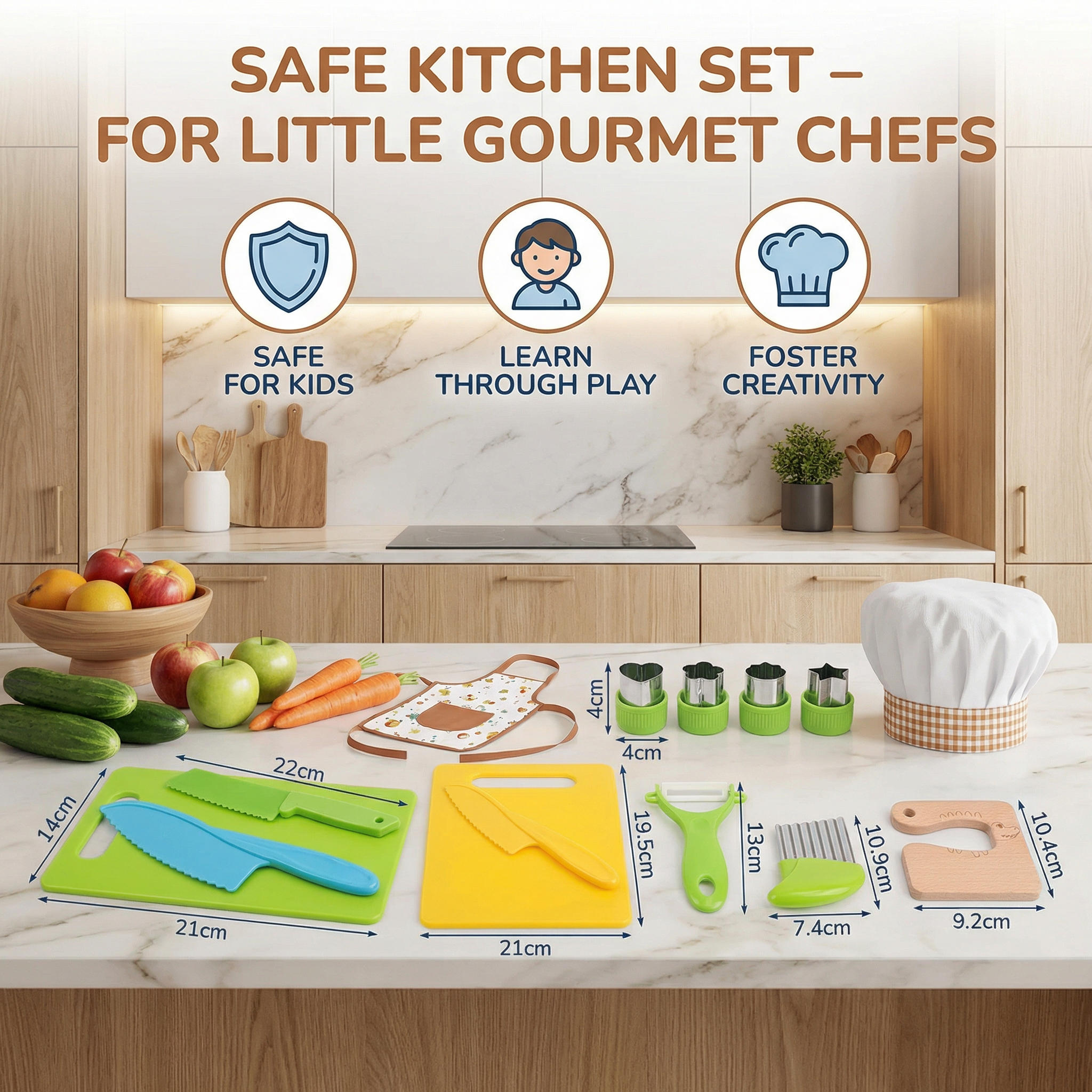 Kids Play Kitchen Tool Set with Child Safe Utensils for Pretend Cooking