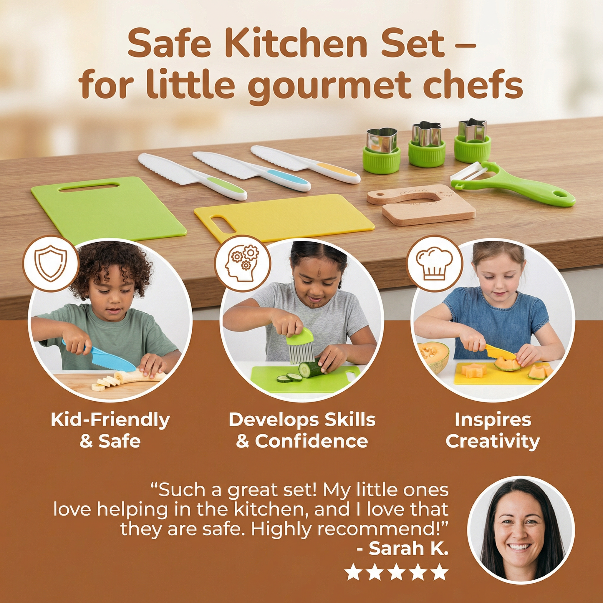 Kids Play Kitchen Tool Set with Child Safe Utensils for Pretend Cooking