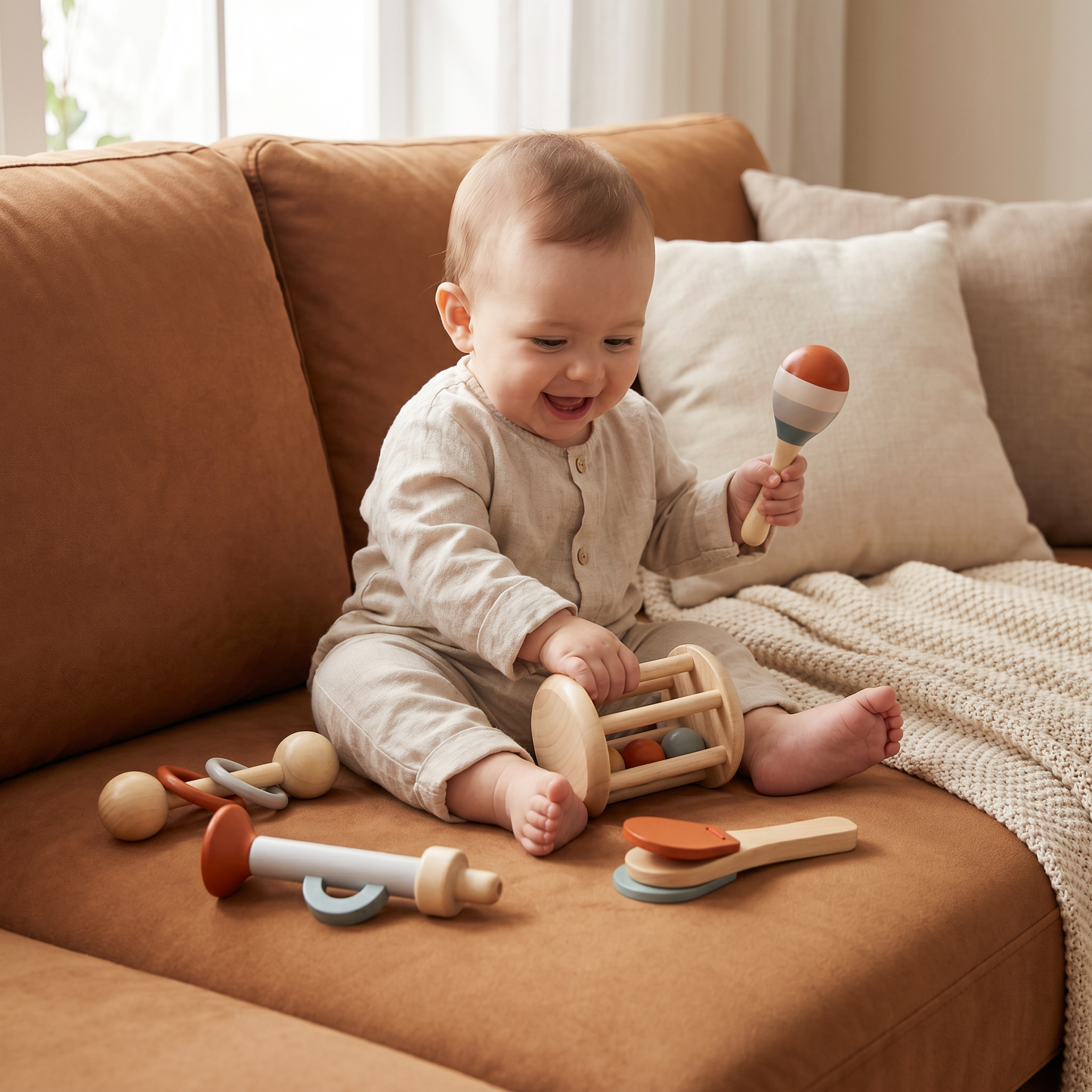 Montessori Wooden Baby Music Set – 5-Piece Sensory Rattle Toy Collection