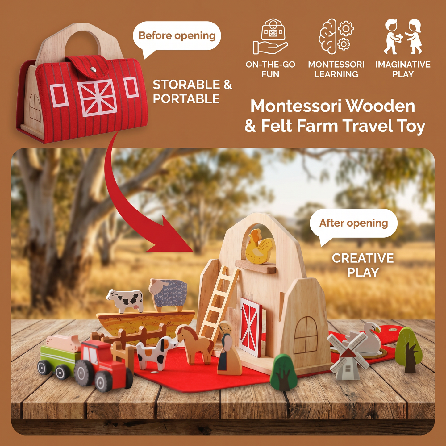 Montessori Wooden & Felt Farm Travel Toy – Perfect for On-the-Go Play