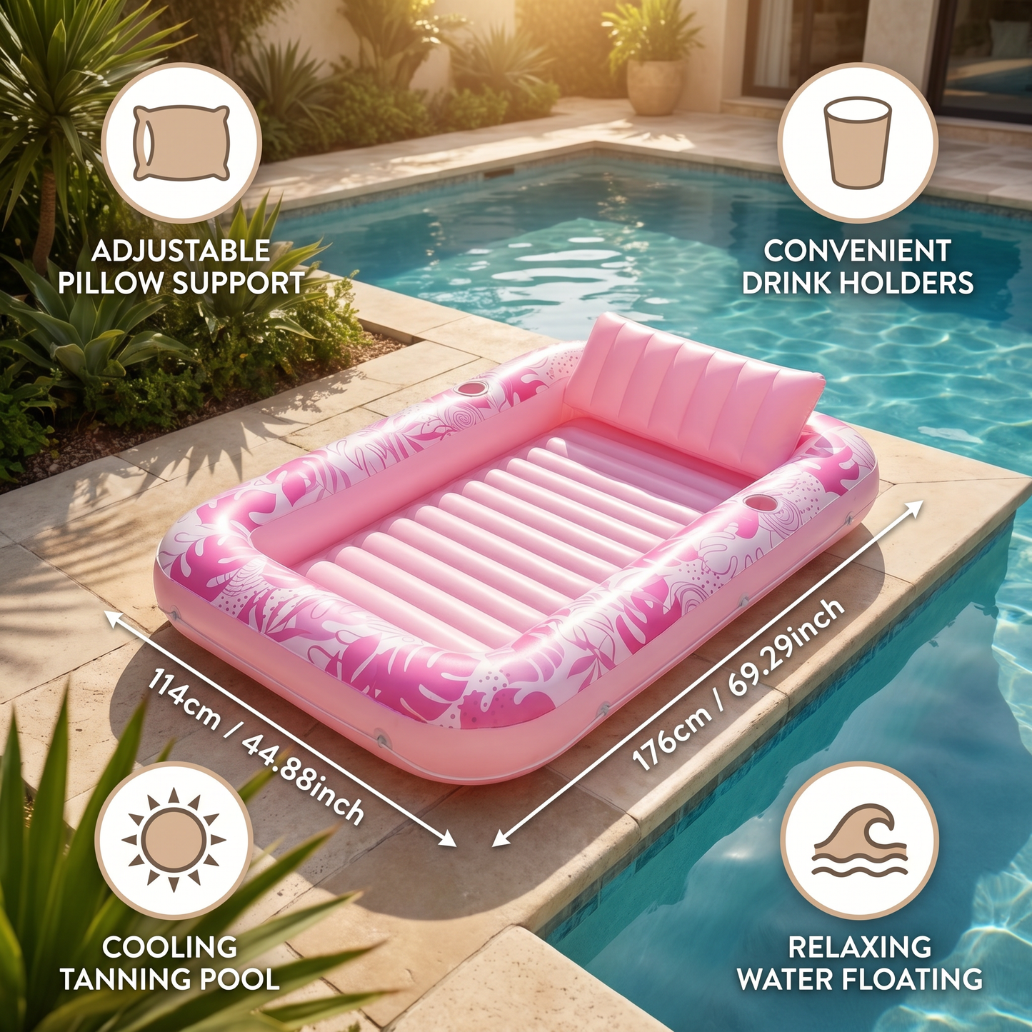 Inflatable Tanning Pool Lounge with Pillow & Cup Holder