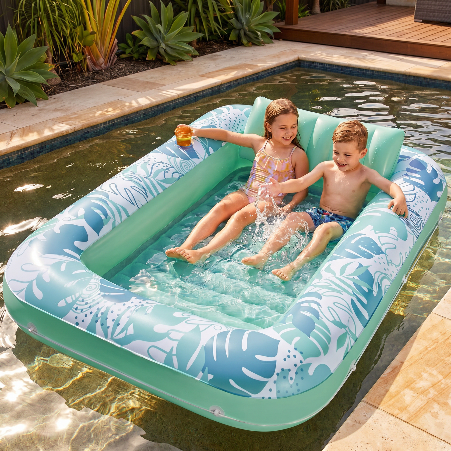 Inflatable Tanning Pool Lounge with Pillow & Cup Holder