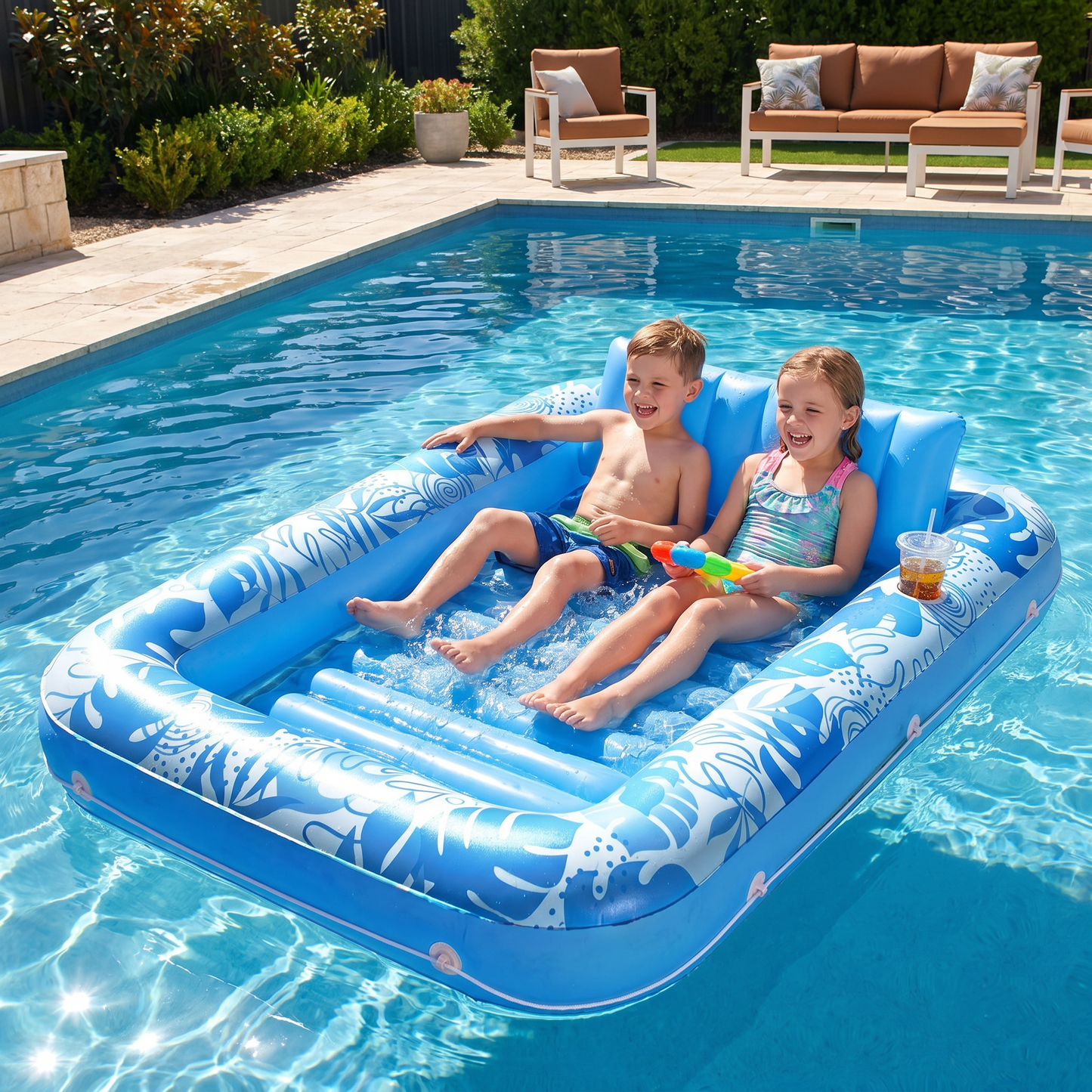 Inflatable Tanning Pool Lounge with Pillow & Cup Holder