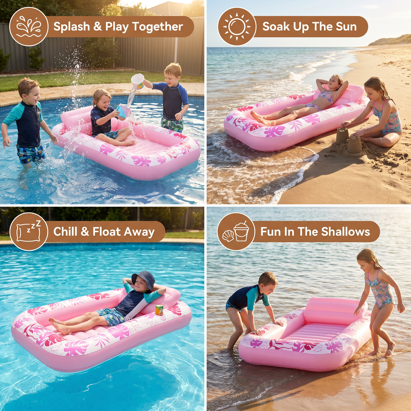 Inflatable Tanning Pool Lounge with Pillow & Cup Holder