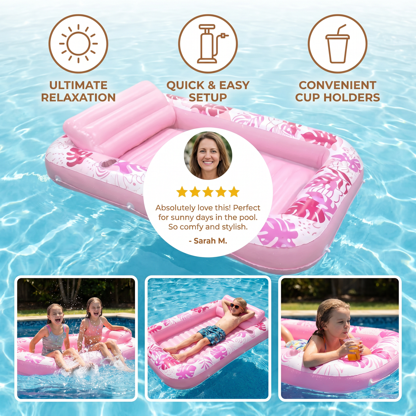 Inflatable Tanning Pool Lounge with Pillow & Cup Holder