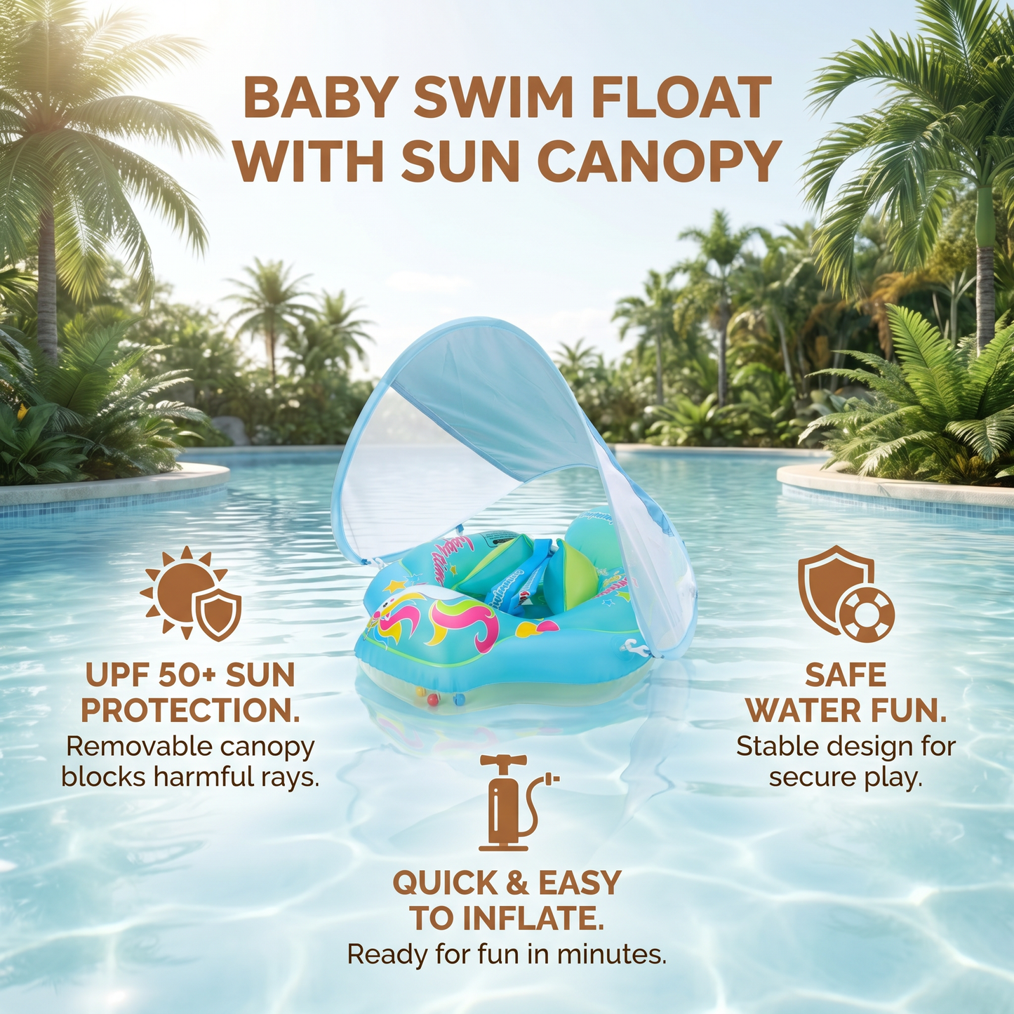 Baby Swim Float with Sun Canopy – Inflatable Infant Swimming Ring for Safe Water Fun