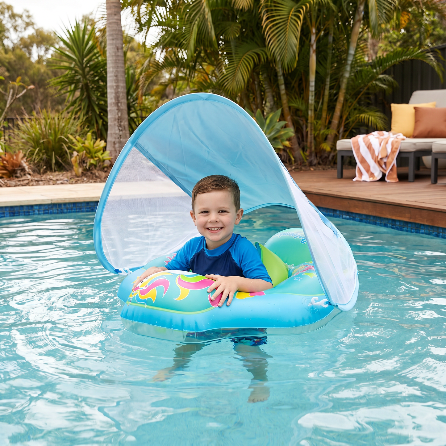 Baby Swim Float with Sun Canopy – Inflatable Infant Swimming Ring for Safe Water Fun