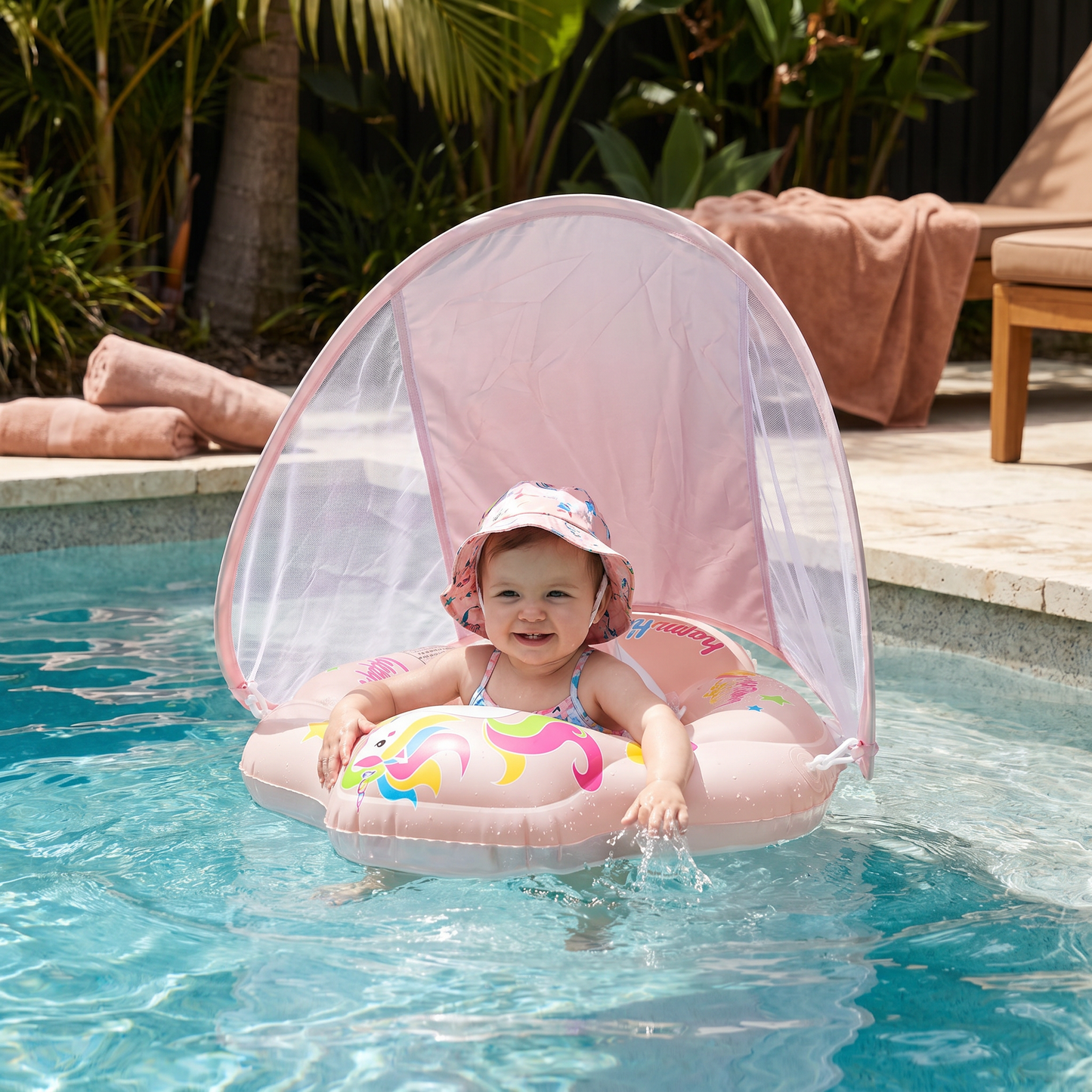 Baby Swim Float with Sun Canopy – Inflatable Infant Swimming Ring for Safe Water Fun