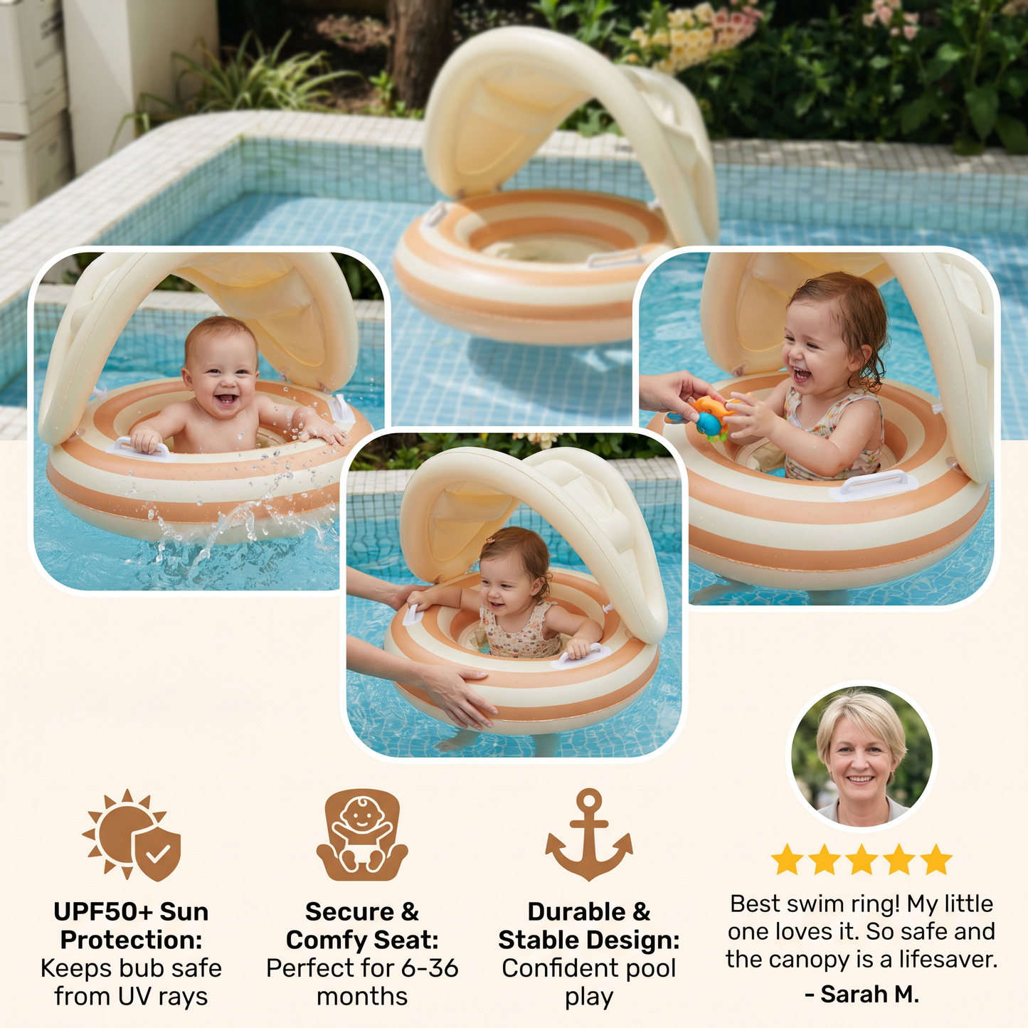 Inflatable Retro Lollipop Baby Swim Ring with Removable Sun Canopy – Secure Seat for 6–36 Months