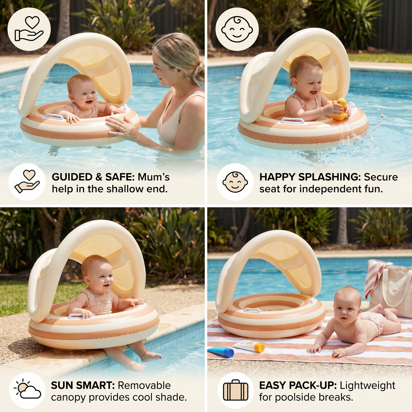 Inflatable Retro Lollipop Baby Swim Ring with Removable Sun Canopy – Secure Seat for 6–36 Months