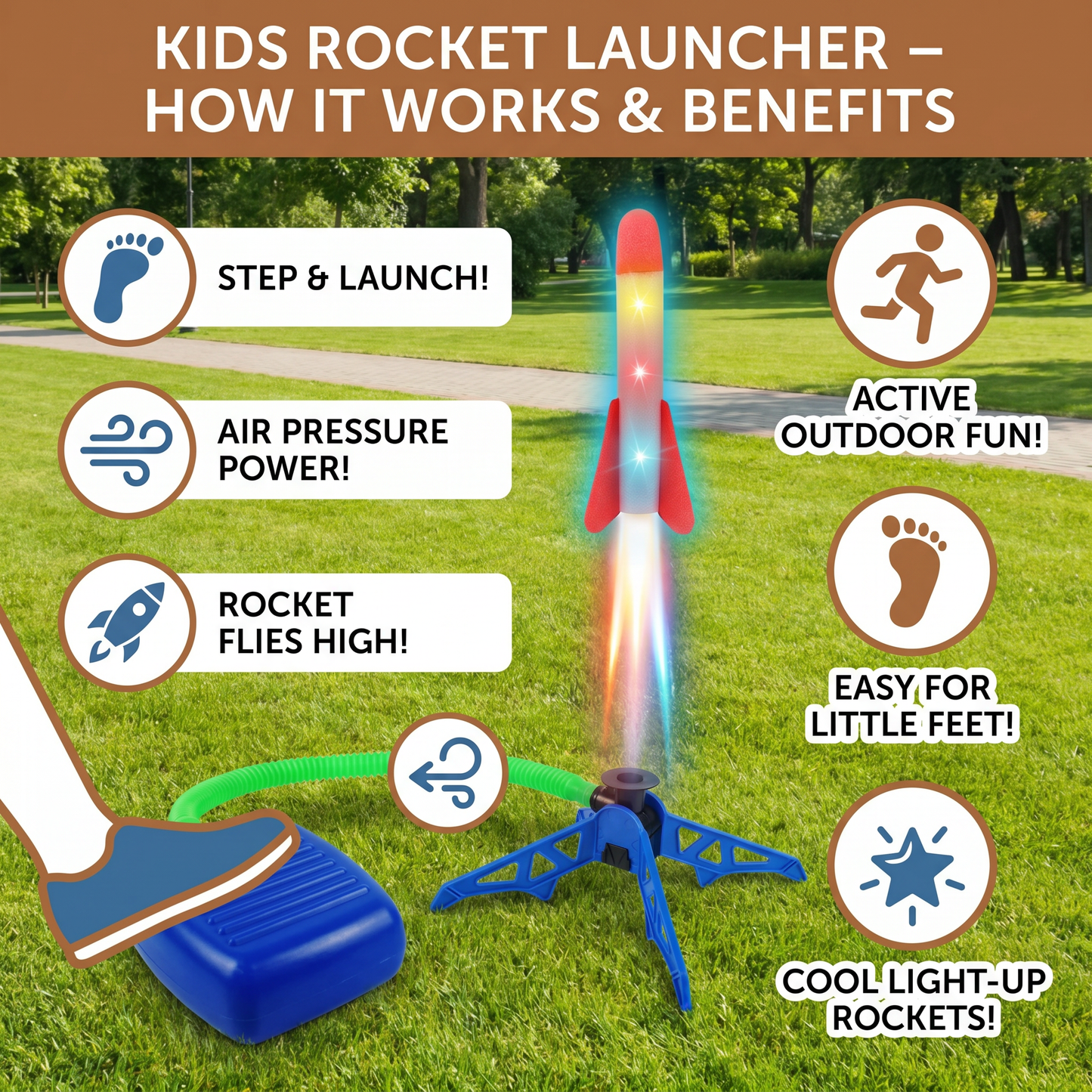 Kids Rocket Launcher with Foot Pump – Light Up Outdoor Air Pressure Toy