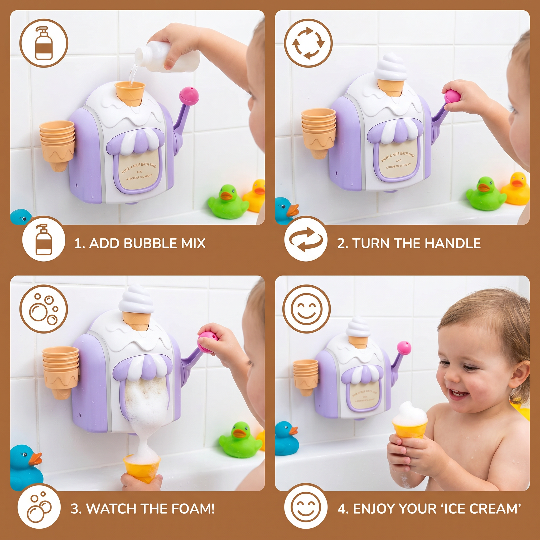 Ice Cream Machine Bath Toy with Bubble Maker and Friendly Face in Four Colors