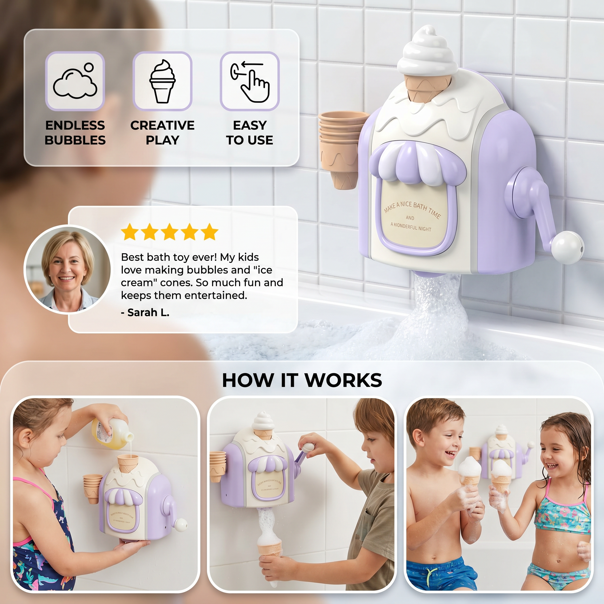 Ice Cream Machine Bath Toy with Bubble Maker and Friendly Face in Four Colors